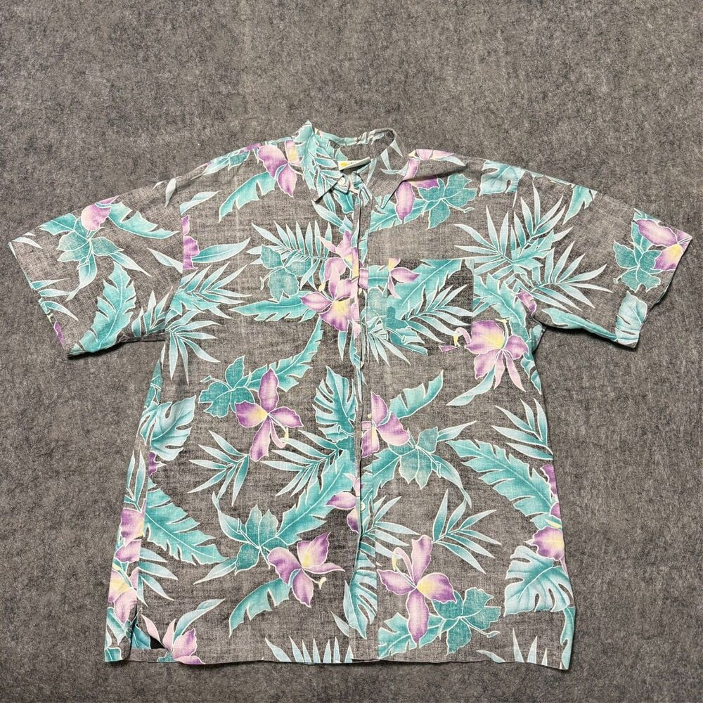 Vintage 80s Sears Hawaiian Shirt Mens L Reverse Print Tropical Floral USA Made